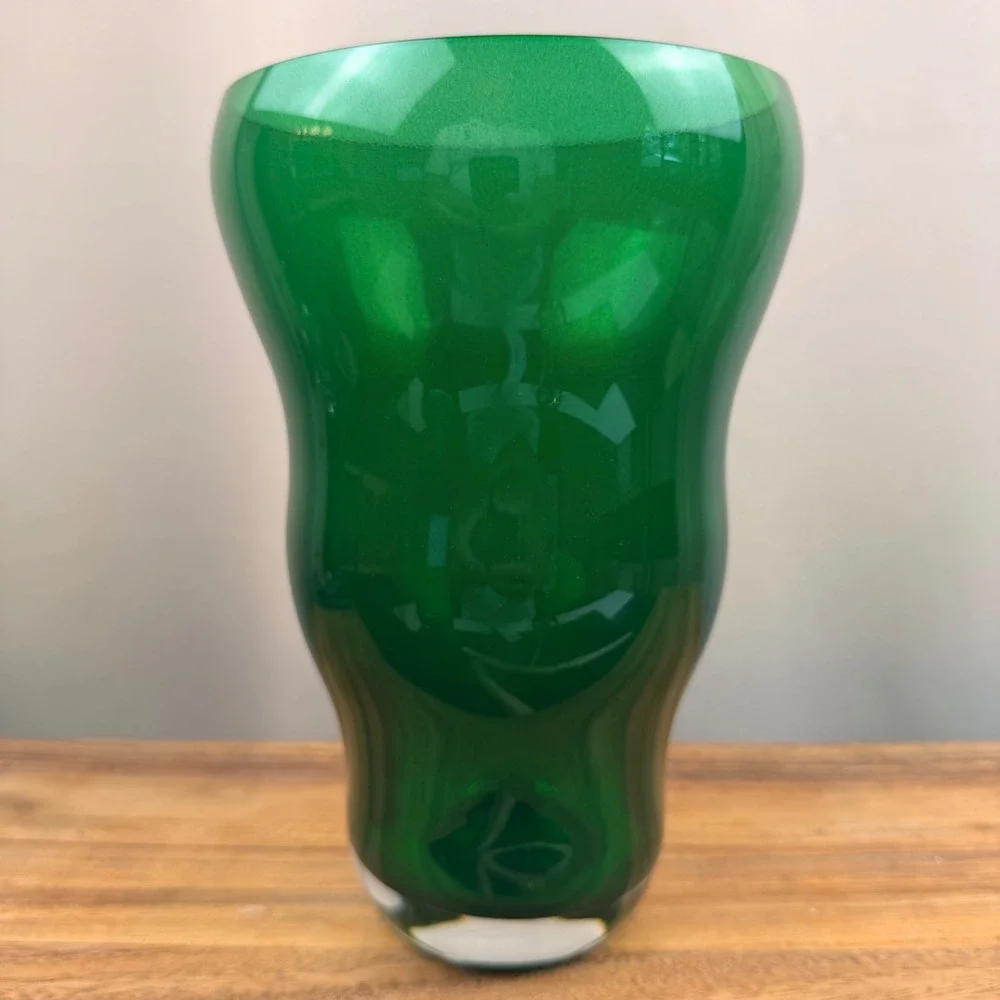 Art Deco Emerald Green Art Glass Vase Hand Blown Mid Century Modern Style 9 inch